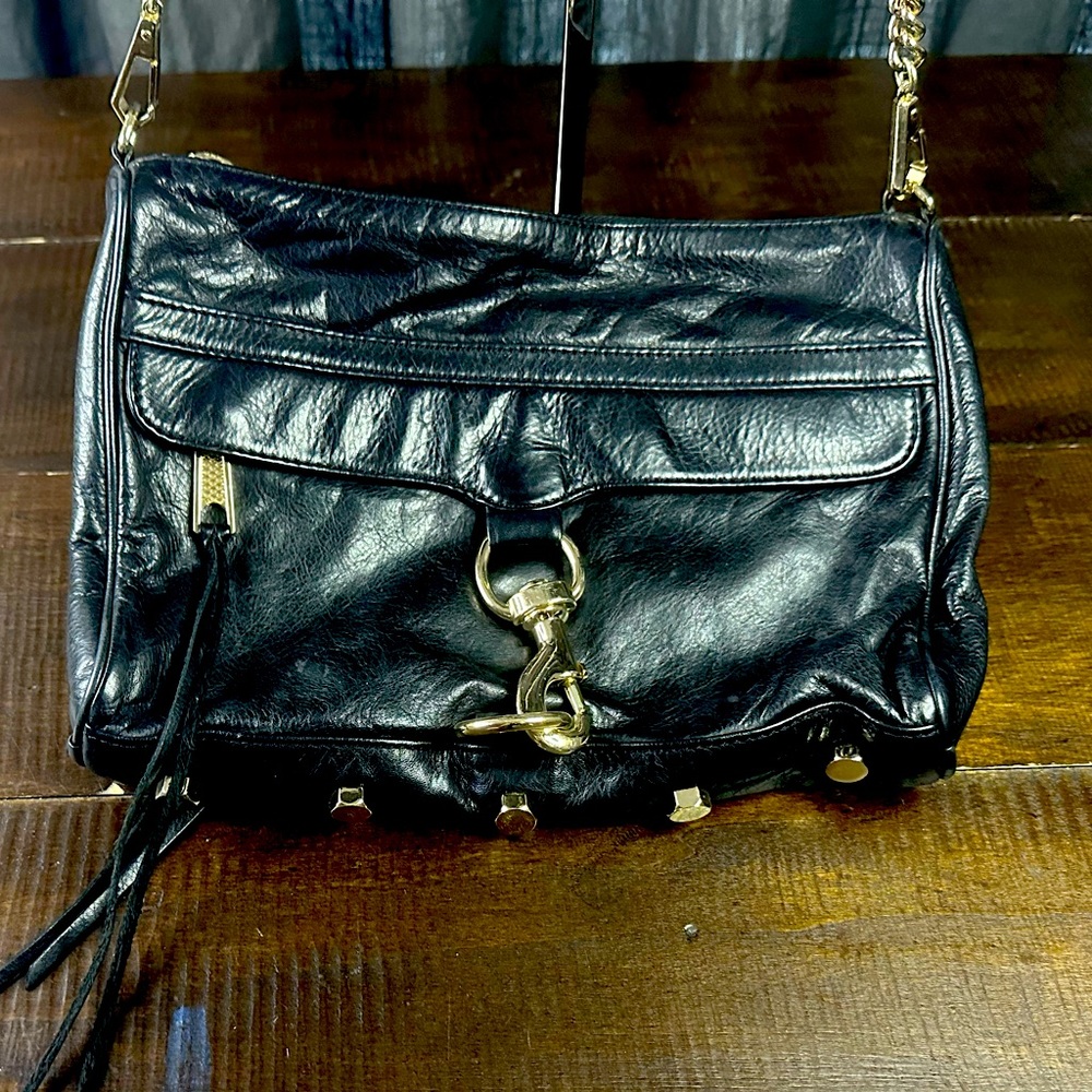 Rebecca Minkoff Black Leather Crossbody Bag with Tassels and Chain Strap